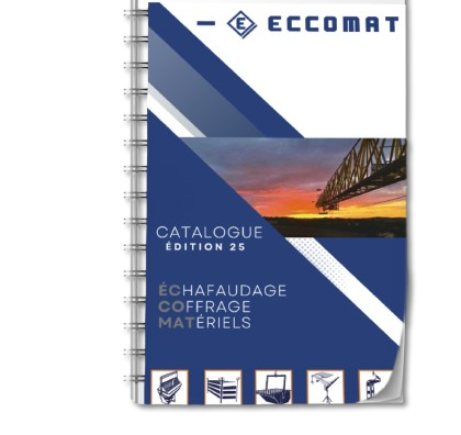 Catalogue d'Eccomat, édition 5, sur l'échafaudage et le coffrage, avec une image de grue en fond. Catalogue d'Eccomat, édition 5, sur l'échafaudage et le coffrage, avec une image de grue en fond.